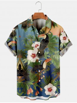 Men's Botanical Floral and Bird Print Casual Short Sleeve Hawaiian Shirt