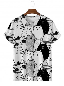 Men's Cat Print Casual Round Neck Short Sleeve T-Shirt