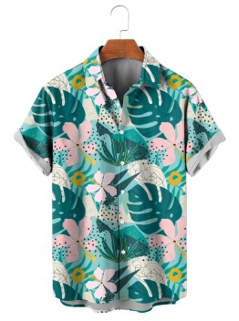 Men's Hawaiian Tropical Leaves Print Short Sleeve Shirt