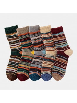 5 Pairs Men Rabbit Fur Wool Blend Geometric Striped Jacquard Color  match Thicken Warmth Socks