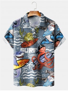 Cartoon Sea Fish Shark Octopus Crab Retro Surf Short Sleeve Polo Shirt